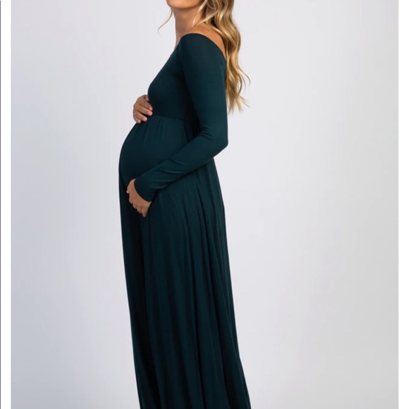 PinkBlush Forest Green Solid Off Shoulder Maternity Maxi Dress (Size Small) - Picture 4 of 7